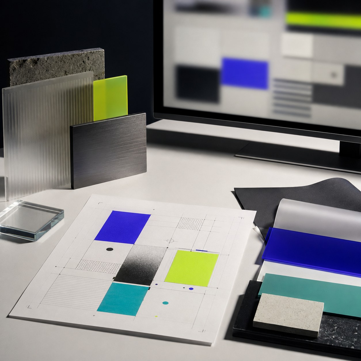 Componentes de diferentes materiais organizados em camadas ao lado de uma interface